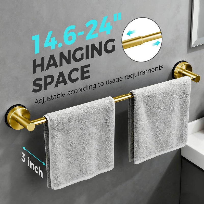WingWider Adjustable Suction Cup Towel Bar for Bathroom Wall,14.6Inch~24 Inch Towel Racks for Bathroom,Stainless Steel Bath Towel Holder for Shower,2 Pack(Brushed Gold) - Image 2